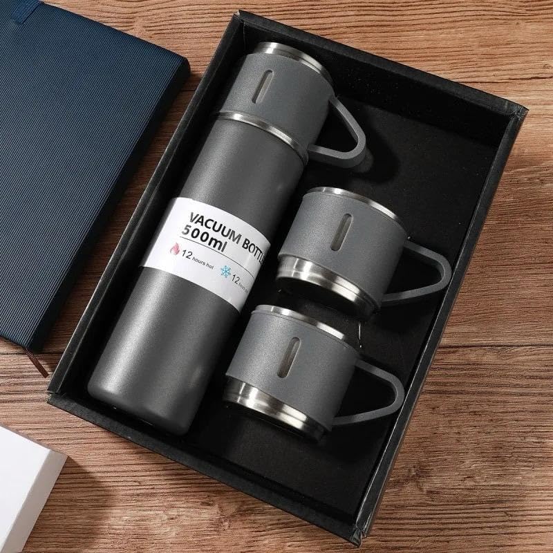 Image of Double Wall Stainless Steel Thermo 500ml Vacuum Insulated Bottle Water Flask Gift Set with Two Cups Hot & Cold Diwali Gifts for Employees Corporate Gift Items (Grey*)(Multi Colour)