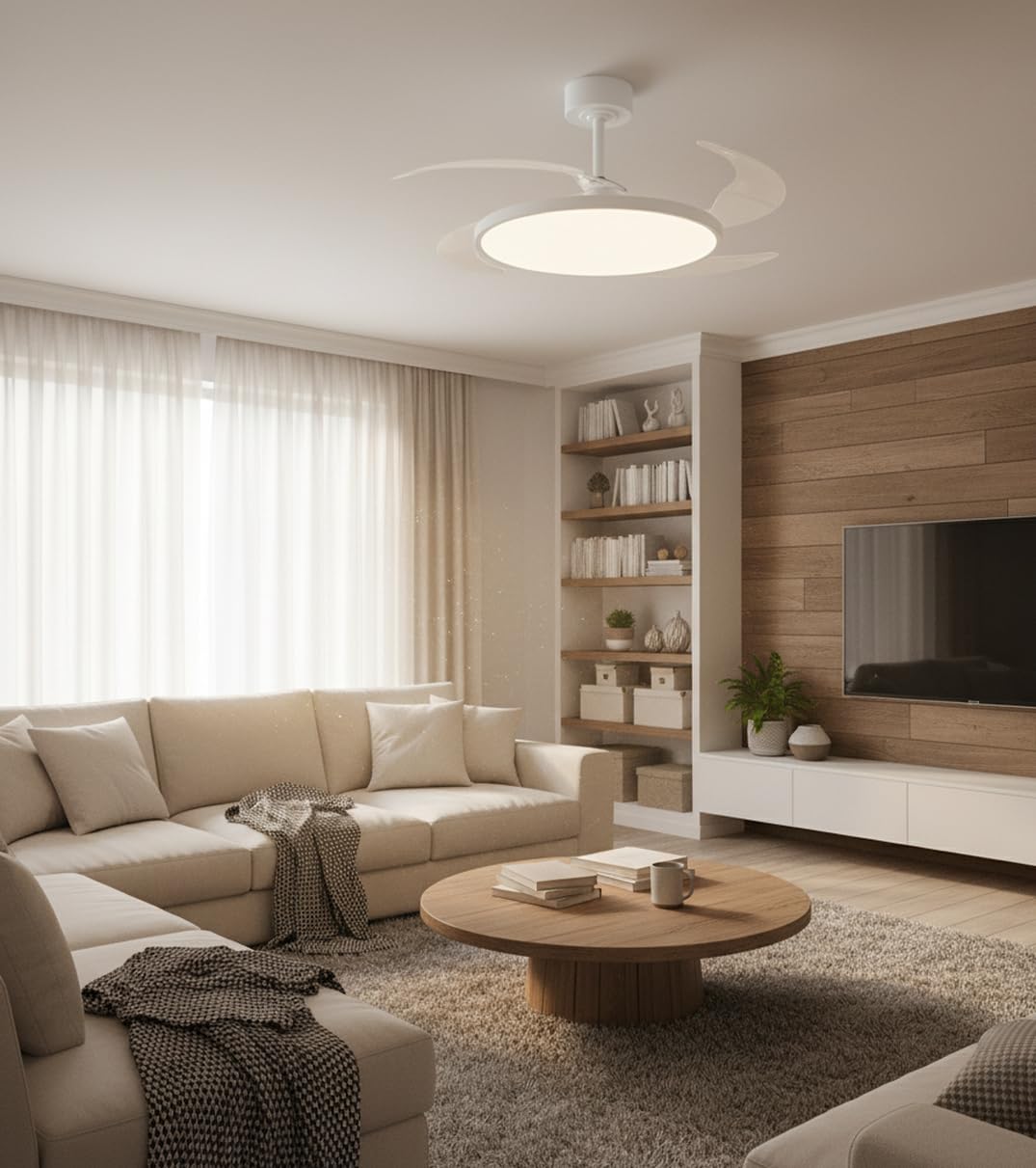 BEL AIR HOME - Ventilatore da soffitto SLIM - Motore DC silenzioso - Pale pieghevoli - Luce LED 36W regolabile 3000K-6500K - Telecomando incluso - Design moderno, Bianco