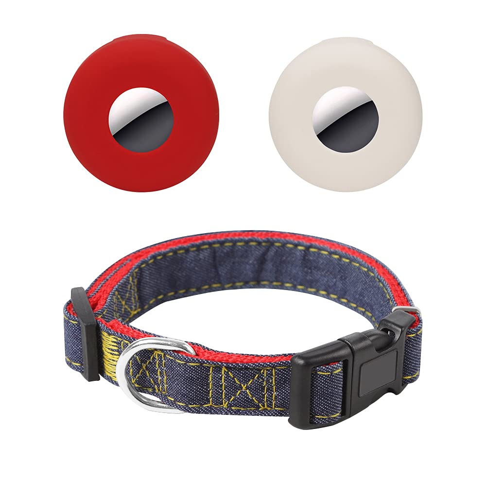 Hongxin LAttice Case Compatible with Apple AirTag (2 Pack) Dog Collar Pet Loop Holder Case for Air Tag | Red+White+Adjustable Dog Collar
