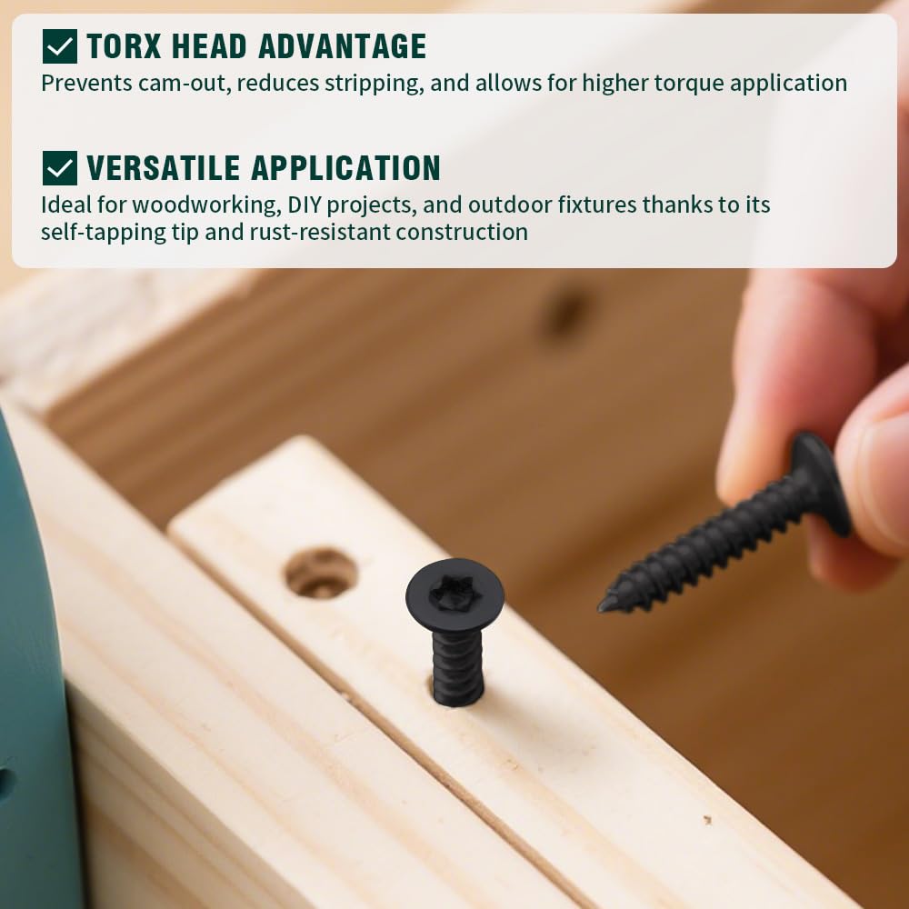 #4 x 1 Flat Torx Head Sheet Metal Screws 100-pack, 304 Stainless Steel 18-8, Black Coated Countersunk Head Self Tapping Wood Screws, Torx Bit Included