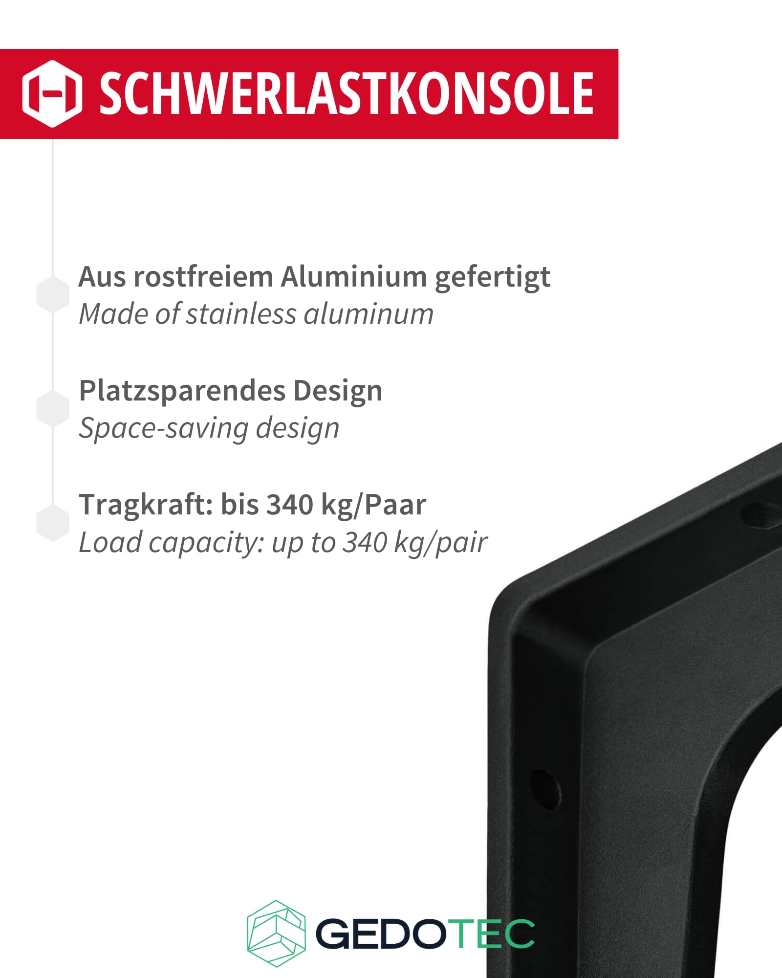 Gedotec Schwerlastkonsole Alu Regal-Konsole | SPARTA | Tiefe: 290 mm | 6 Stück Regalhalterung aus Aluminium Schwarz matt | Tragkraft 240 kg für Wandregale | Regalträger rostfrei | Wand-Winkel