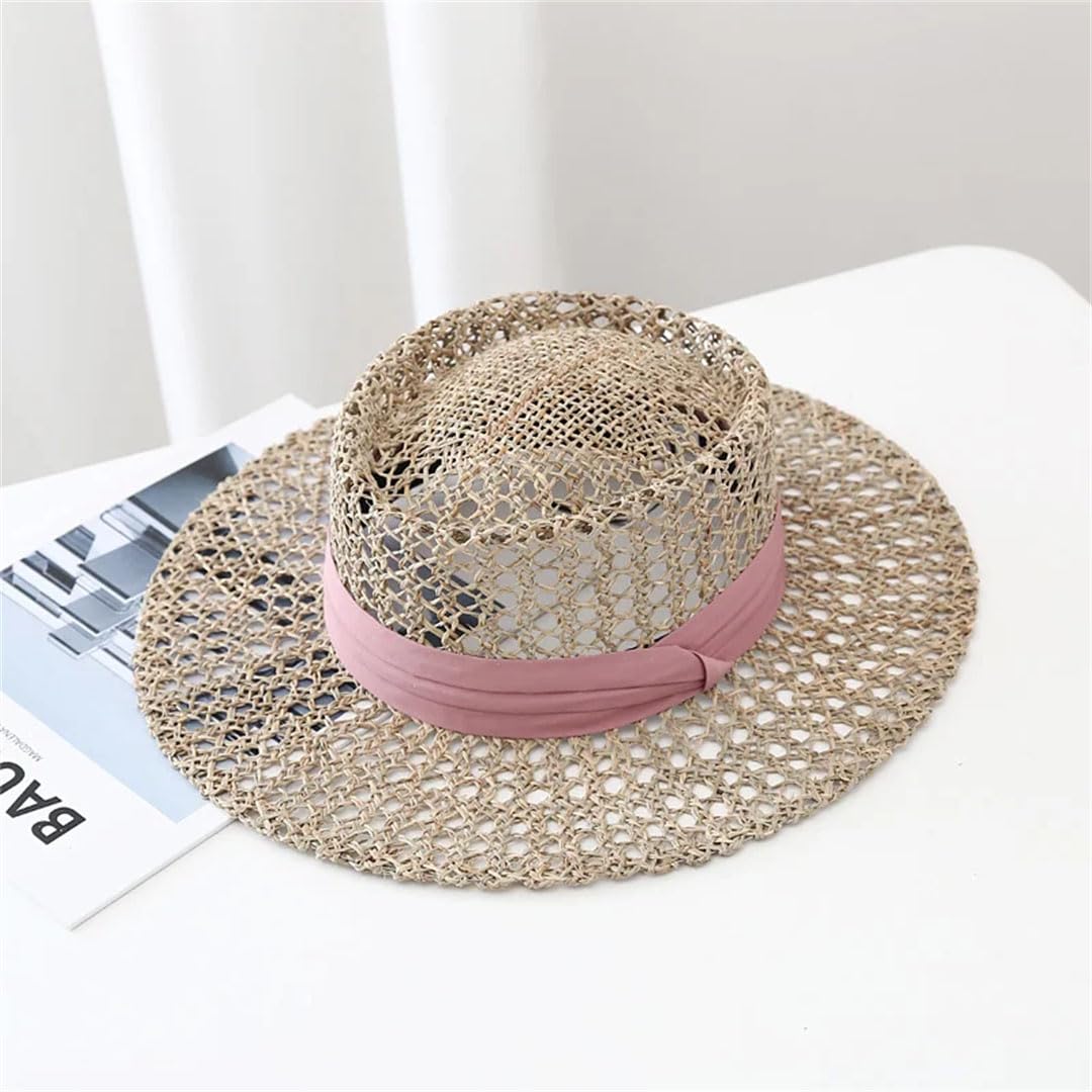 Sombrero de paja con lazo de rafia para mujer, diseño de perlas, para playa, multicolor, 6 7/8 / 7 1/8