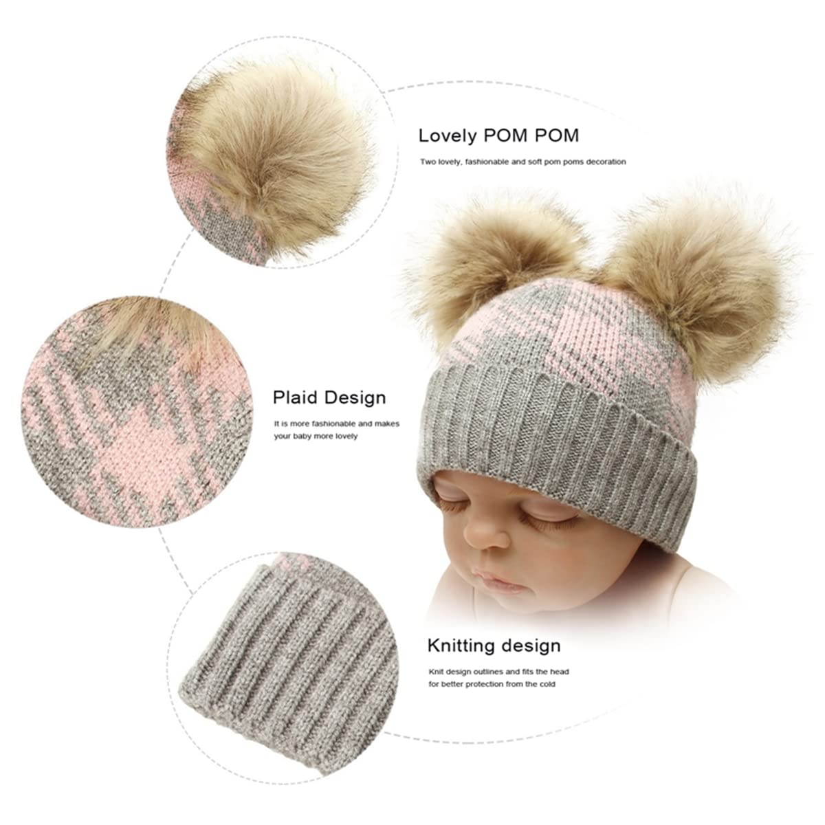 Ayalinggo Baby Girl Boy Winter Hats with Double Pom Pom Beanie Warm Knitted Christmas Hat for Toddler Infant (Grey Plaid,0-2T)