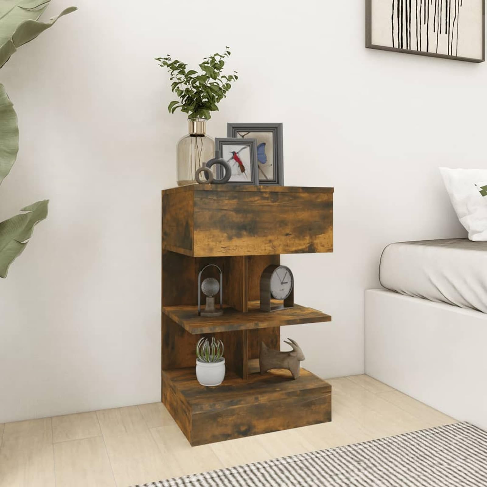 Table de chevet chêne fumé lot de 2 en bois d'ingénierie 40x35x65 cm