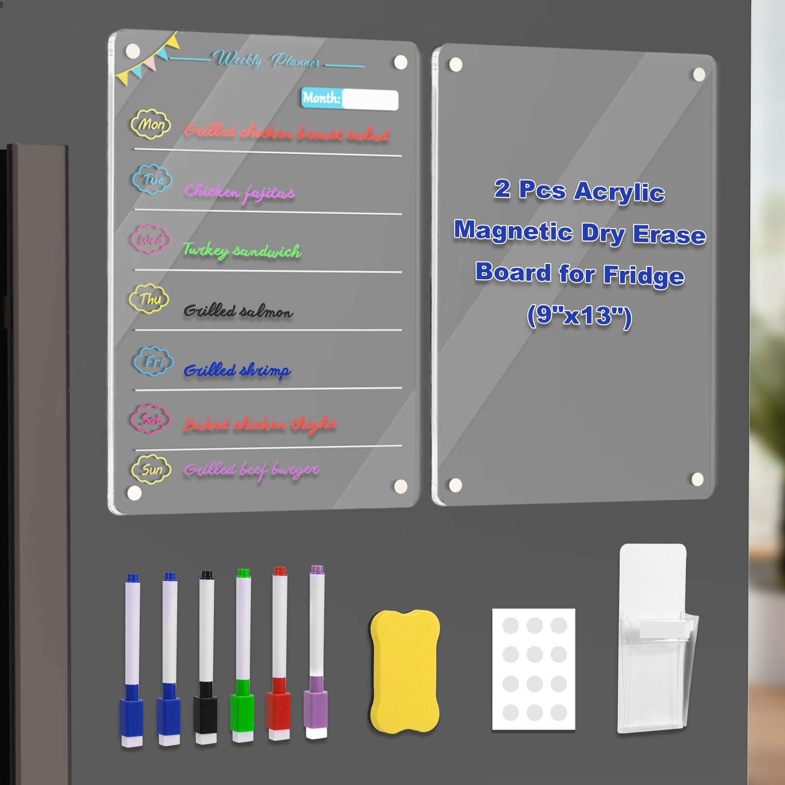 Ceegook 2 PCS Acrylic Meal Planner Magnetic Dry Erase Board for Fridge, Weekly Calendar for Fridge, Magnetic Fridge Weekly Planner with to Do List White Board, Menu Board for Kitchen (9"x13")