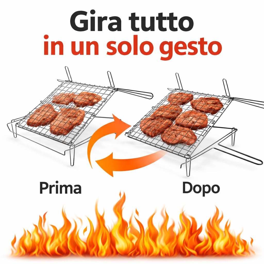 Generico Graticola Ribaltabile per Barbecue 30x30 / 30x40 cm – Griglia BBQ per Bistecche e Carne, Doppia Rete Bloccaggio Sicuro, Ideale per Barbecue a Carbonella (30x40 cm)
