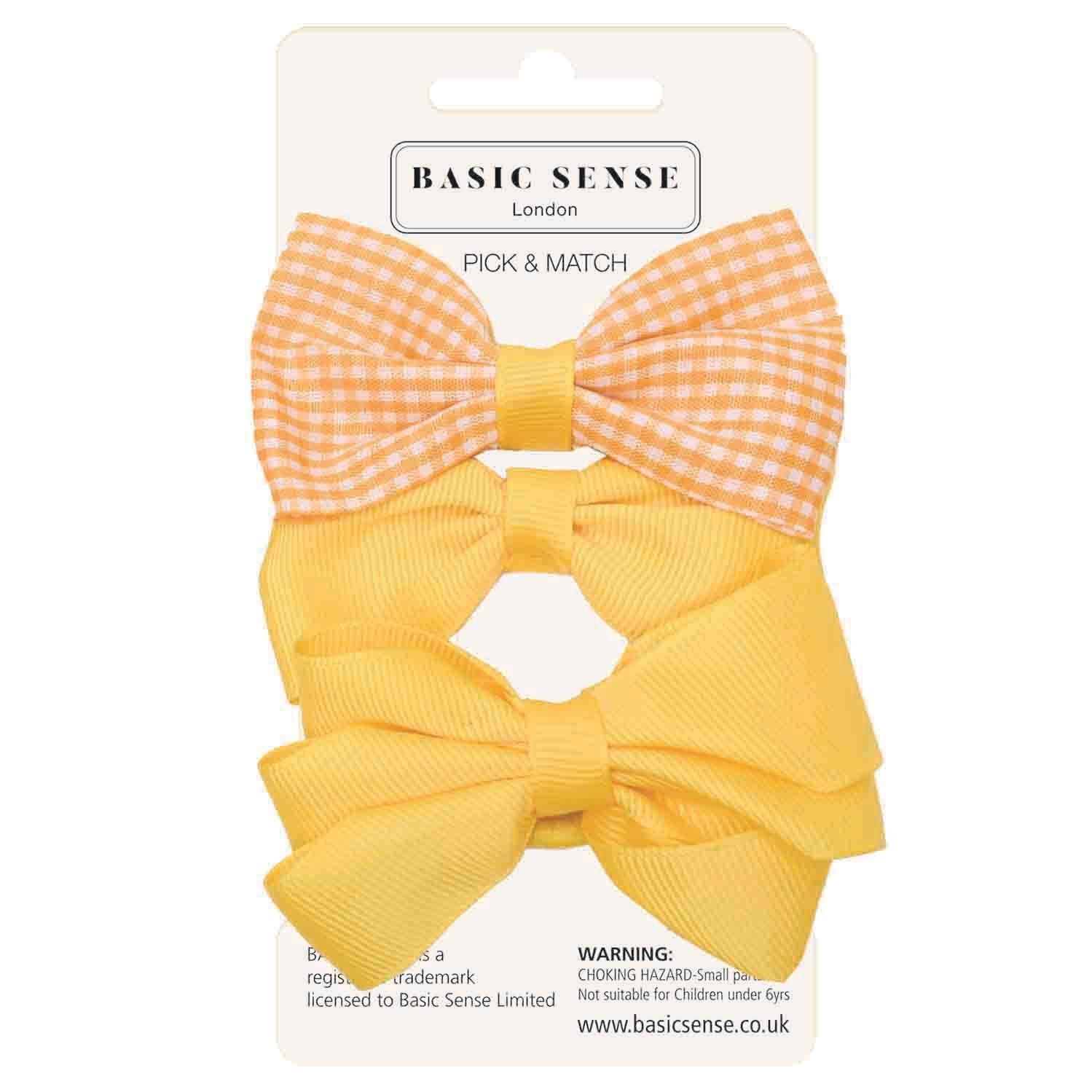 Basic Sense School Bow Hair Clips and Elastic Plain & Gingham Set - Accessories for Girls Yellow, 3 count (Pack of 1)