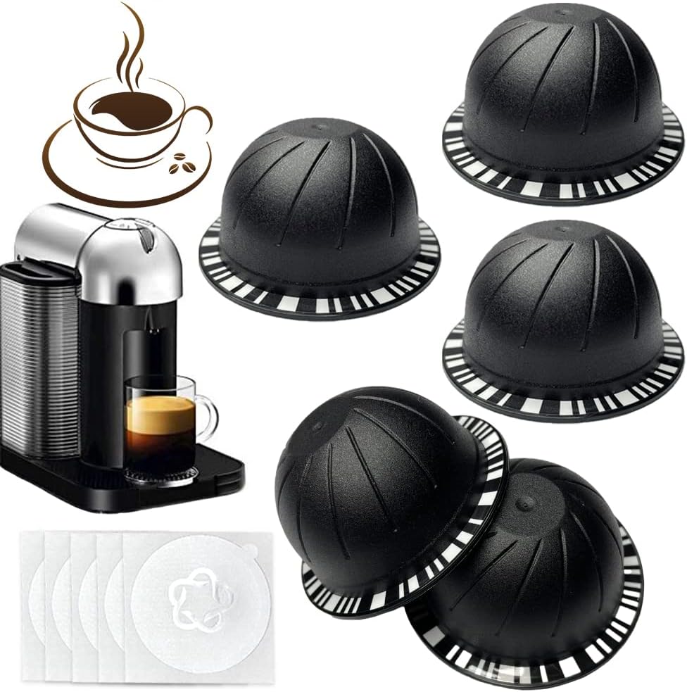 5pcs Reusable Coffee Pods for Vertuo, Refillable Coffee Capsules for VertuoLine, Refill Coffee Pod Compatible with Nespresso 150/230 ml with 5pcs Aluminum Foil Lids (5pcs Black (230 ml))