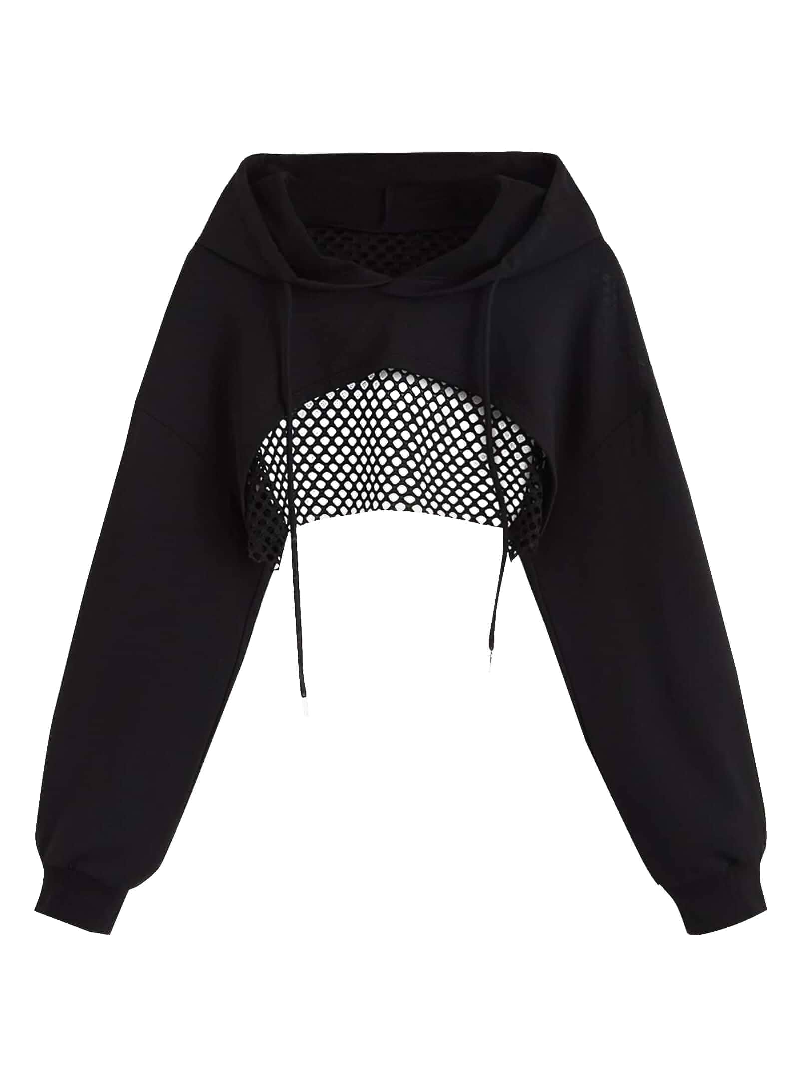 Remidoo Women Cropped Hoodie Fishnet Long Sleeve Crop Top Sweatshirt Shrug Super Crop, Bolero Shrug, Drawstring, Mesh, Hollow Out, Drop shoulder, Sexy, Y2k Clothes, Dance, Hiphop, Fall, Rave Outfit