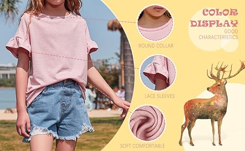 Kingdenergy Girls Summer Cute T Shirt Short Ruffle Sleeve Basic Soft Casual Plain Tunic Tops Tees Z-Pink #TOP4