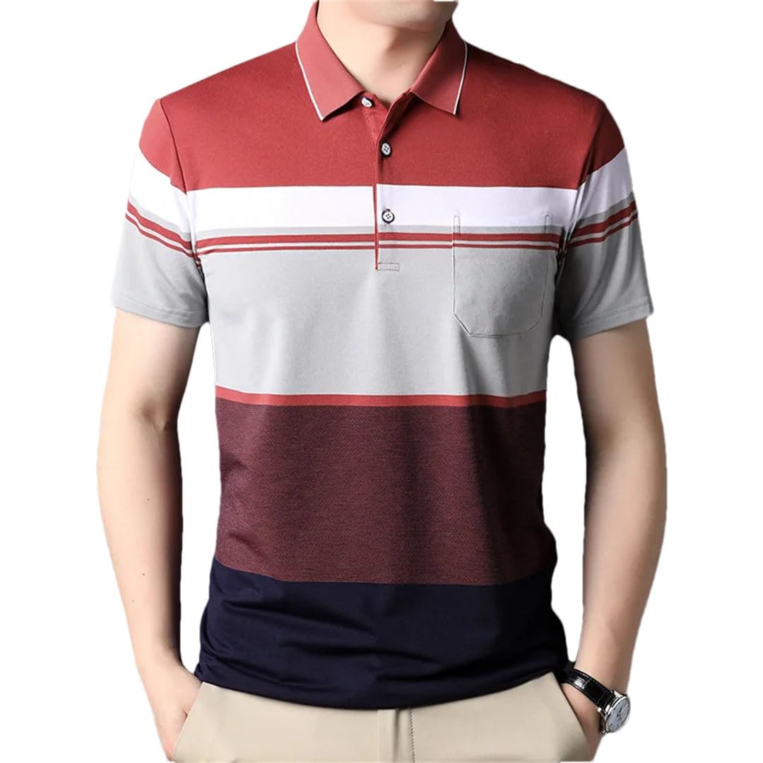 Polo de manga corta para hombre con paneles de solapa y bolsillo con botones, retazos, holgado, a rayas, parte superior delgada, rosso, 3XL