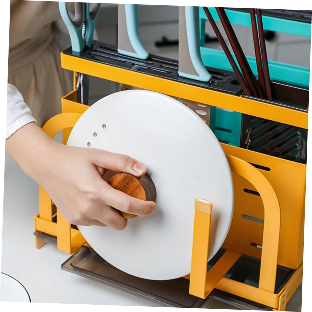 1Pc Multifunctional Kitchen Storage Rack Cutting Board and Utensil Holder Slip Design for Home Restaurant Use Yellow Organizer for Efficient Space Saving