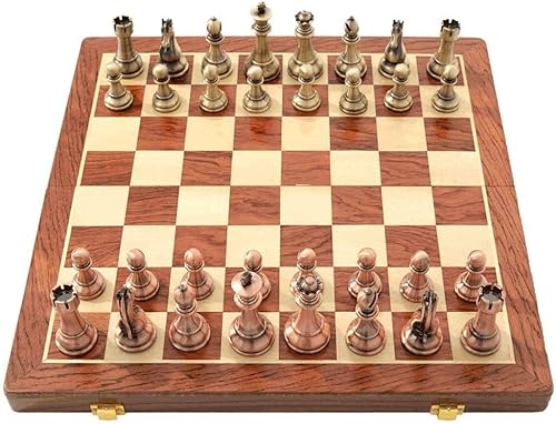 International Juego de ajedrez de metal para niños y adultos con tablero de madera y contenedor de piezas de metal estándar juego de ajedrez juego