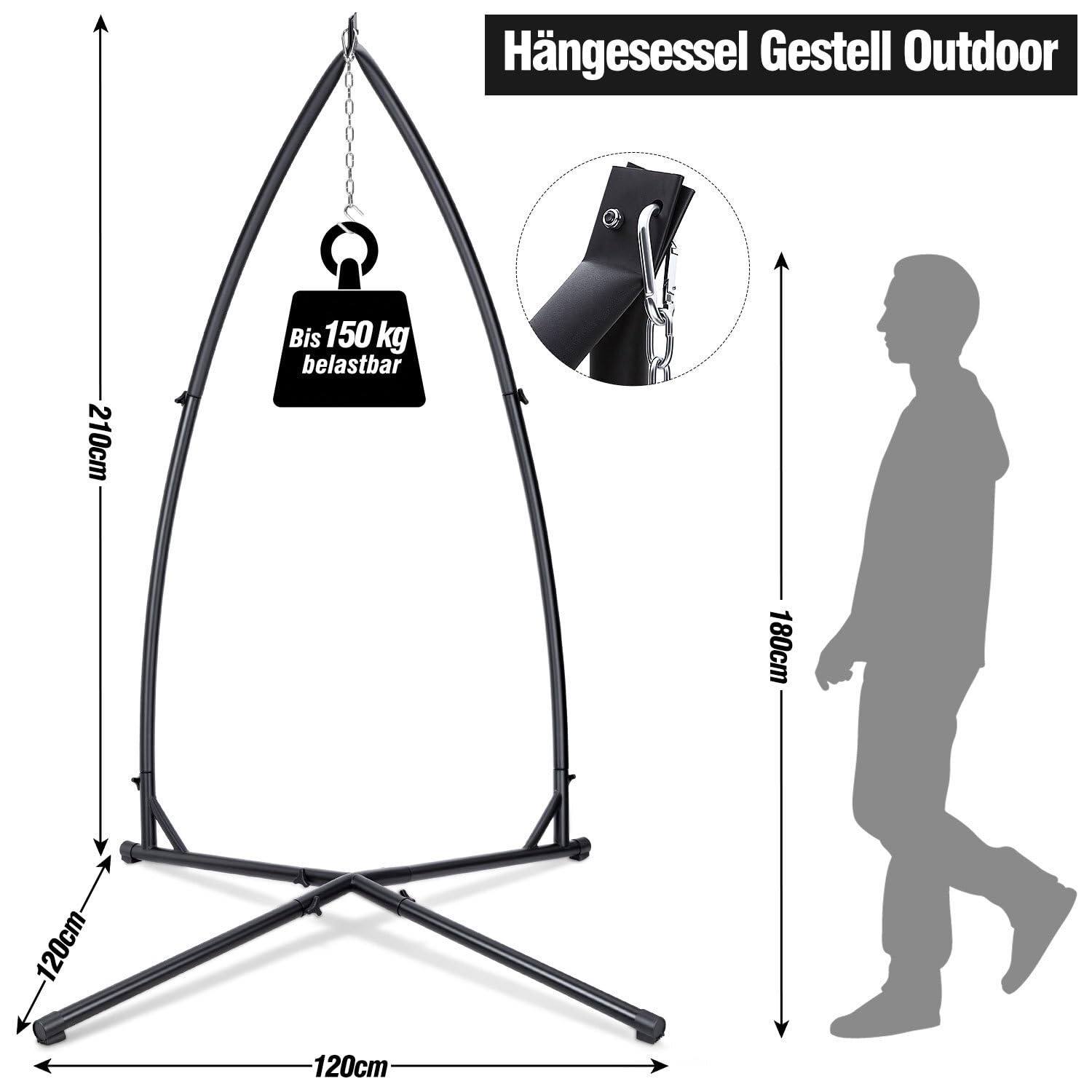Struttura per sedia sospesa da 150 kg, in metallo, con struttura stabile, supporto per amaca per seduta sospesa, 215 cm, tubo in acciaio per interni ed esterni