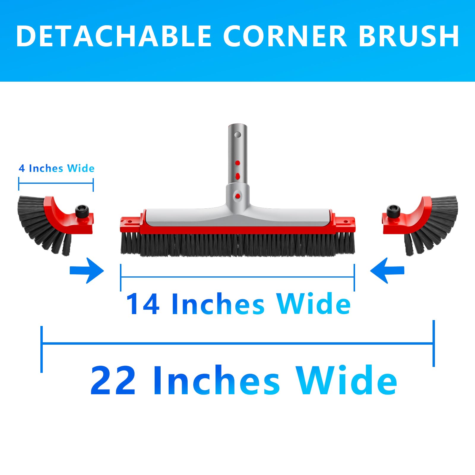 Sepetrel Cabezal de cepillo de piscina de 22 pulgadas de ancho para limpiar paredes de piscina, cepillos de aluminio resistentes con extremos curvados y cerdas fuertes de alta calidad, color rojo