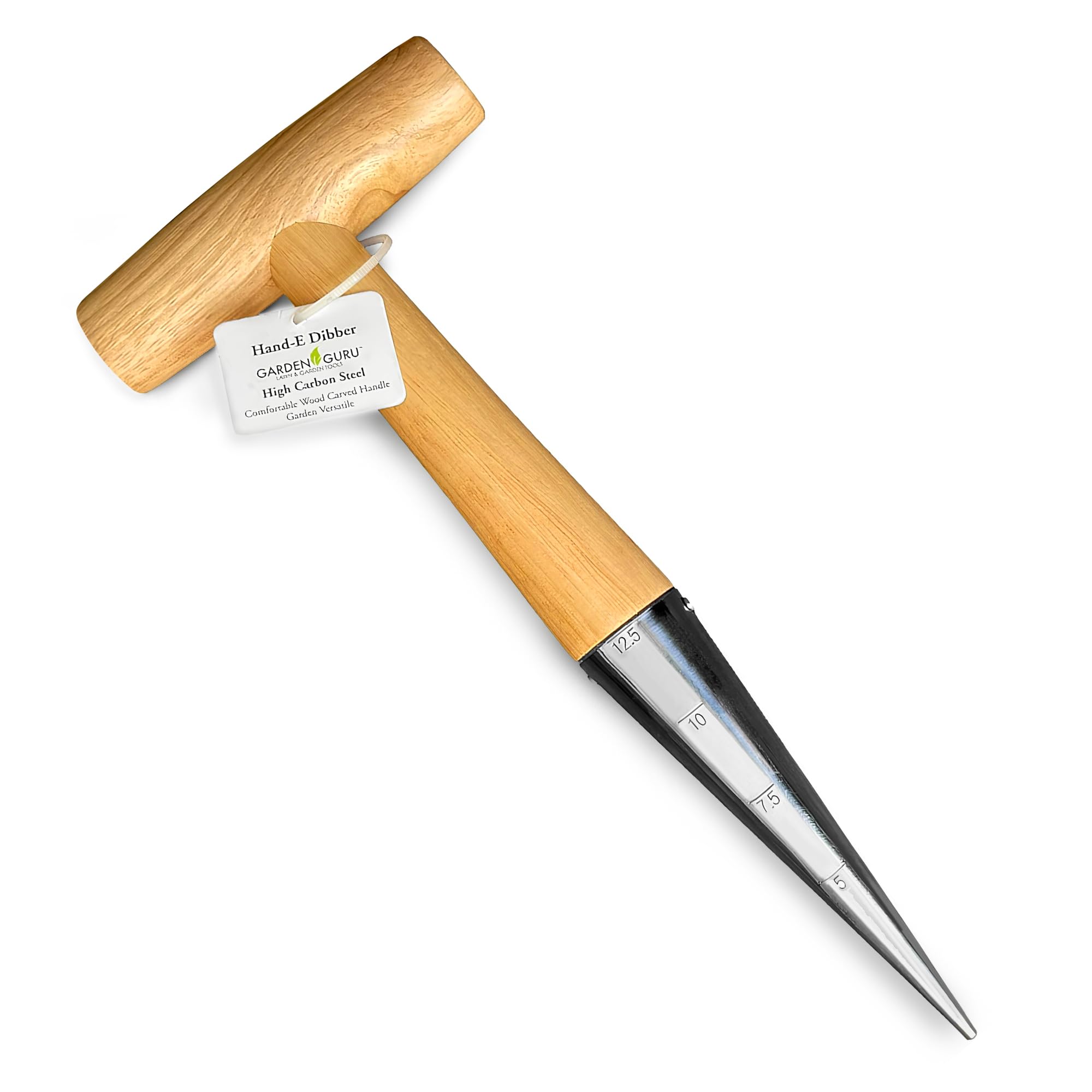 Garden Guru Steel Dibber Planter Tool for Planting Seeds & Bulbs - High Carbon Steel & Comfortable Wood Carved Handle - for Consistent Planting Flowers Tulips, Daffodils, Dahlias