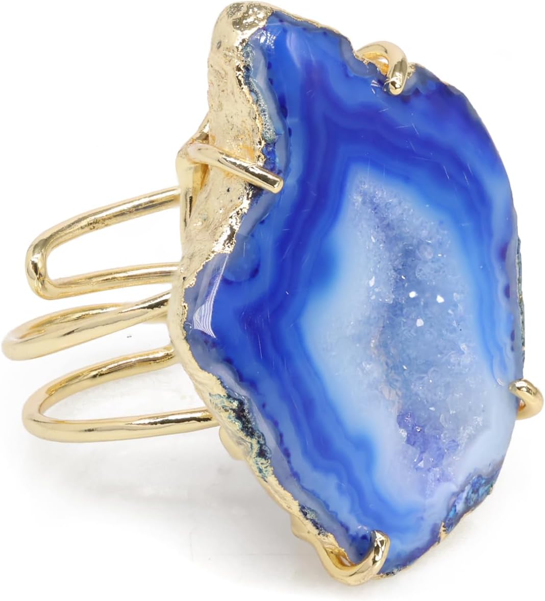Agate Druzy Ring Gold Plated Brass Adjustable Statement Ring Natural Geode Crystal Chunky Jewelry Gift for Women Stone Size Approx 30-35 mm Long