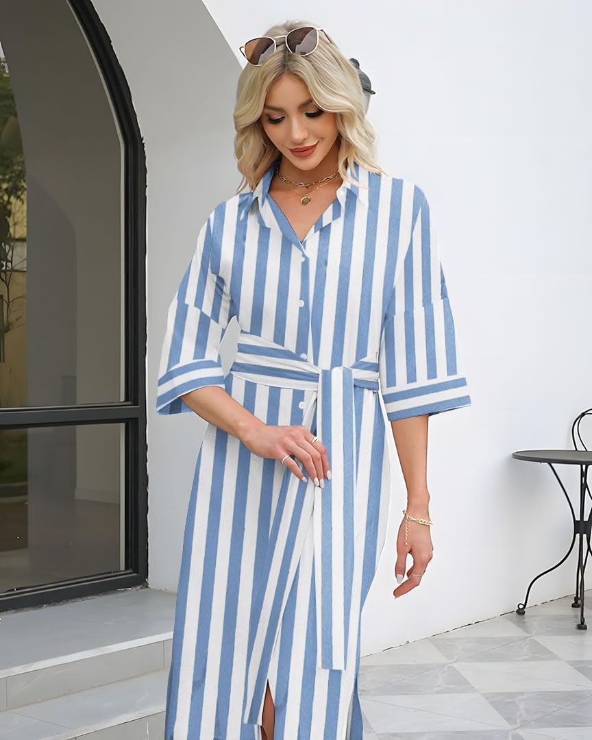 Womens Shirt Dresses Striped Lapel 3/4 Sleeve Maxi Dress Button Down Split Belted - Image 3