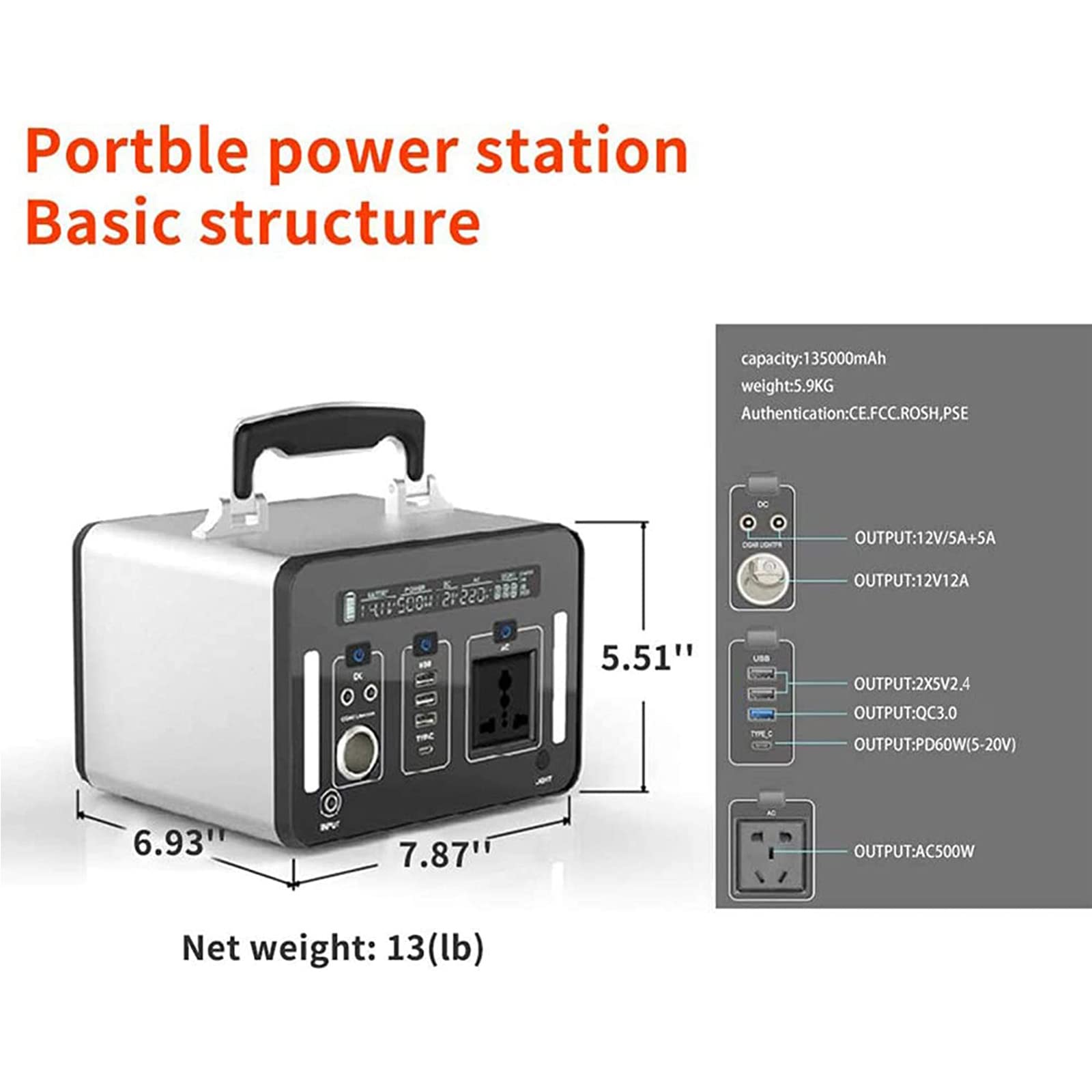 Alimentation de stockage d'énergie portable 500 W, batterie d'alimentation de stockage d'énergie de secours 220 V, alimentation de secours pour camping en plein air,A