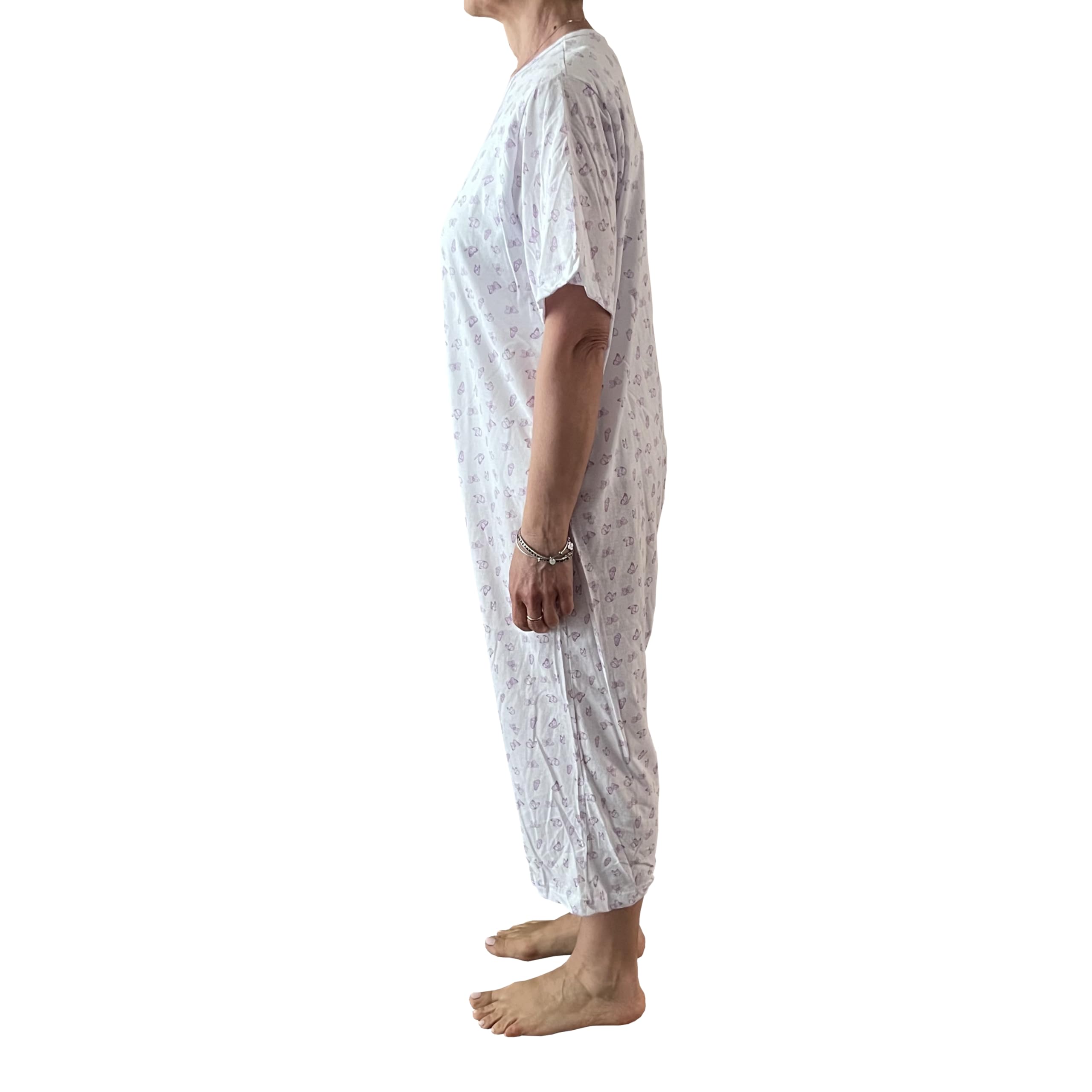 Pigiama Sanitario Donna Estivo Anziani Maniche Corte E Pantaloncino, Tutone Cerniera Posteriore, Farfalle Glicine