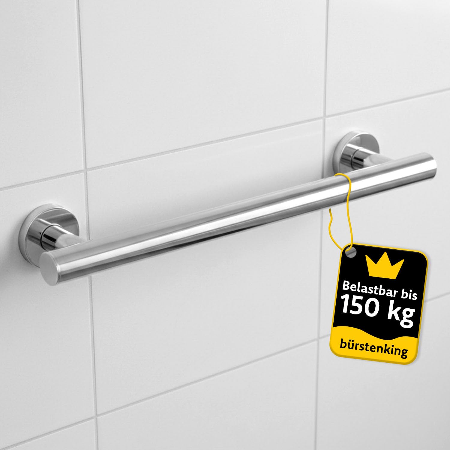Bürstenking Haltegriff Dusche 400 mm Chrom – Duschgriff/Wannengriff aus massivem Messing Ø 32 mm, bis 150 kg, Badezimmer Haltegriff für Senioren, inkl. Schrauben & Dübel