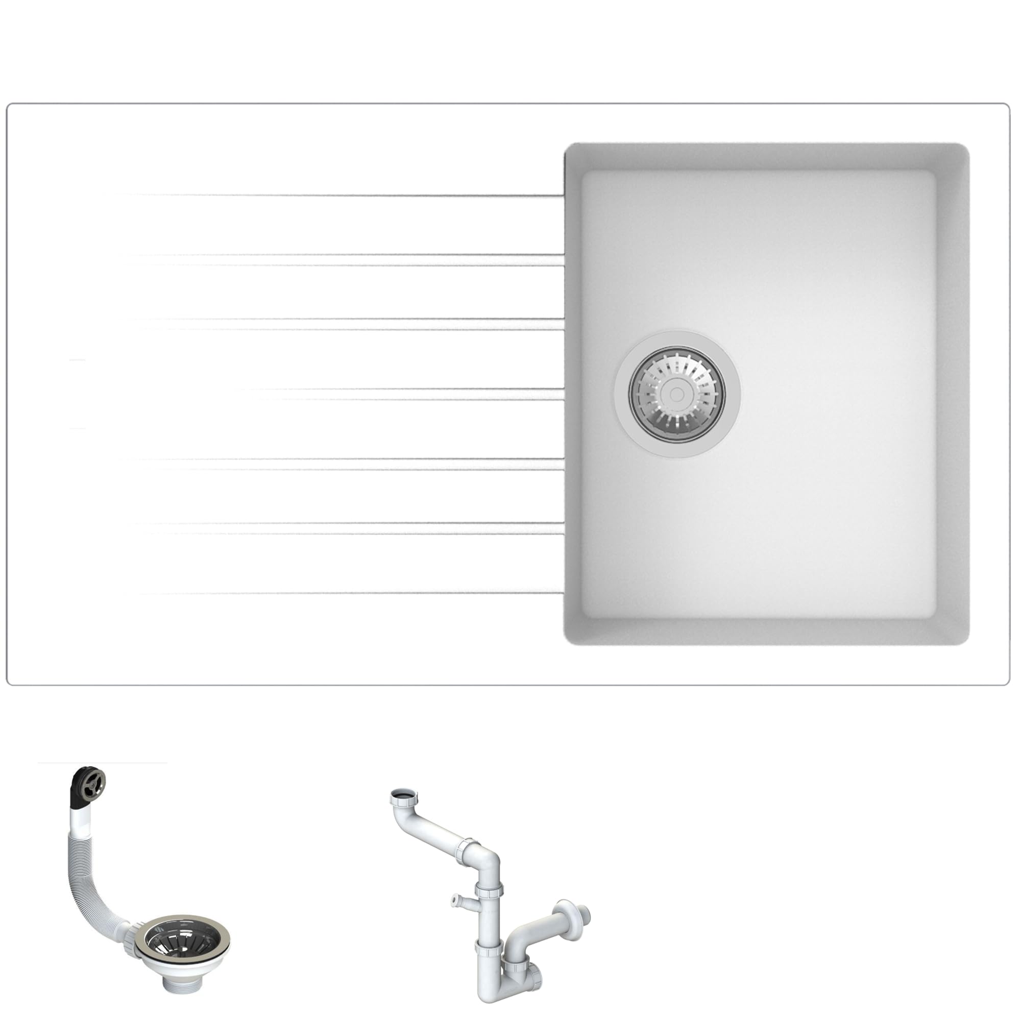 Lavello da Incasso PTPL861GW, 86x50 cm, 1 Vasca con Gocciolatoio, Granito Bianco