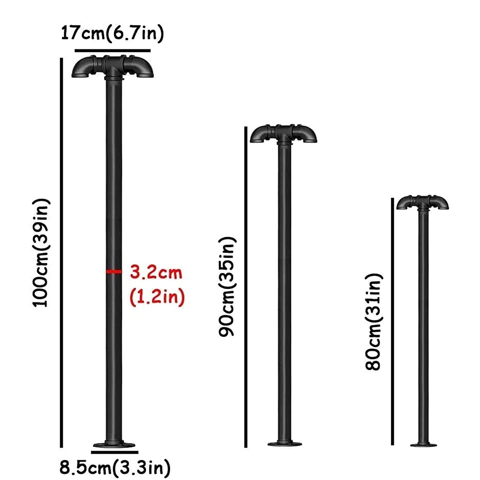 Pasamanos en Forma de T, Tubo de Acero Galvanizado, Base de Brida de Hierro Fundido, Fijado con Tornillos de Expansión, Adecuado para Instalación en Porche o Protección de Platafor