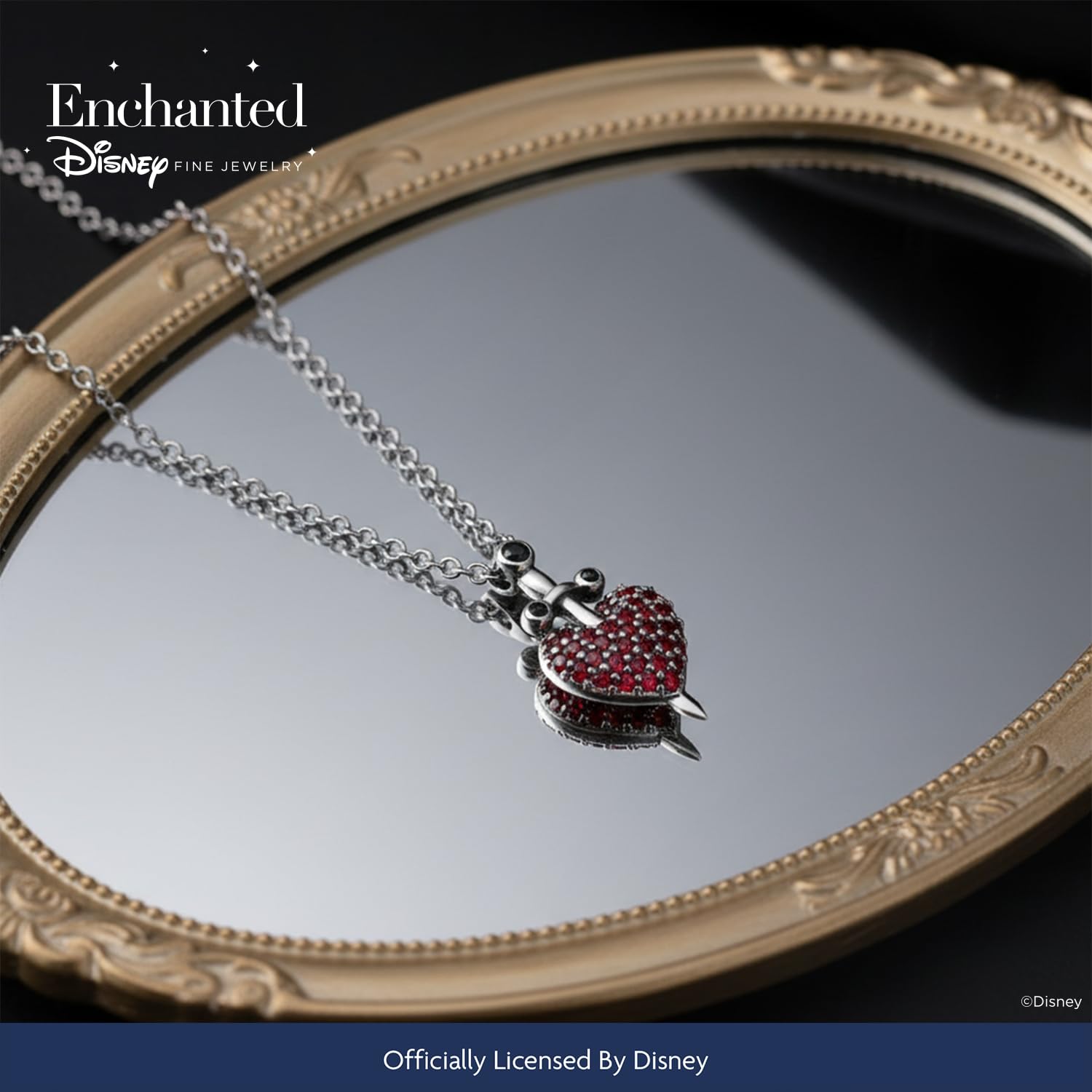 Jewelili Enchanted Disney Fine Jewelry Black Rhodium over Sterling Silver 1.5 MM Round Garnet and Treated Black Round Diamond Accent Evil Queen Pendant Necklace 18" Cable Chain