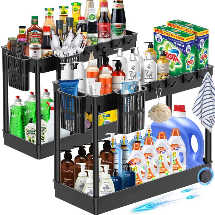Cyiecweu Sottolavello a 2 Ripiani, Organizer Lavello Estraibile Cucina a Forma di L, in Altezza, Acciaio al Carbonio, Cassetti Estraibili per Cucina, 1 Pezzo (Bianco