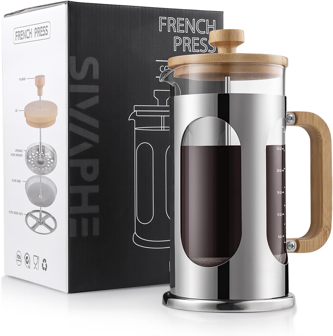 Sivaphe No-Plastic French Press Coffee Maker 34 oz, Borosilicate Glass Bamboo Lid and Handle Coffee Tea Press 8 cup, 1000ml Coffee Milk Forther with Stainless Steel Holder and Resuable Filters