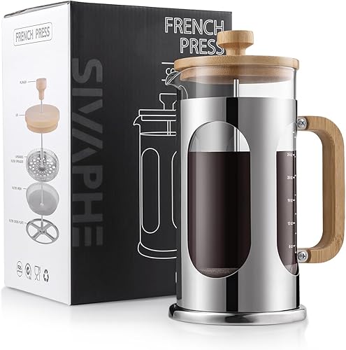 Sivaphe Cafetera de prensa francesa sin plástico de 34 onzas, tapa de bambú de vidrio borosilicato y asa, prensa de té de café, 8 tazas, 33.8 fl oz