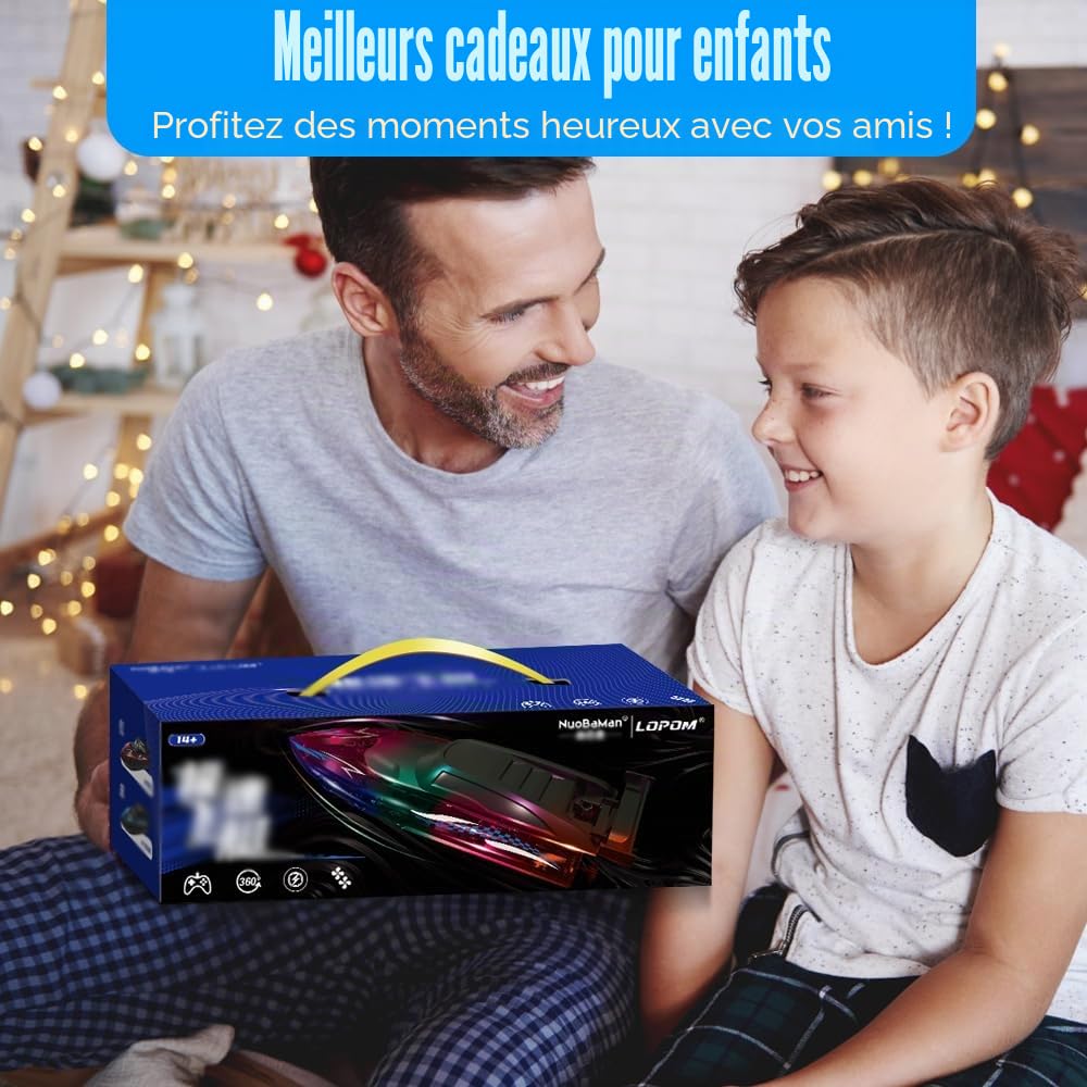 OBEST Bateau Télécommandé RC de Course Haute Vitesse avec Lumières LED, 2.4GHz pour Piscines et Lacs avec 2 Batteries, Jouet de Bateau pour Adulte et Enfant