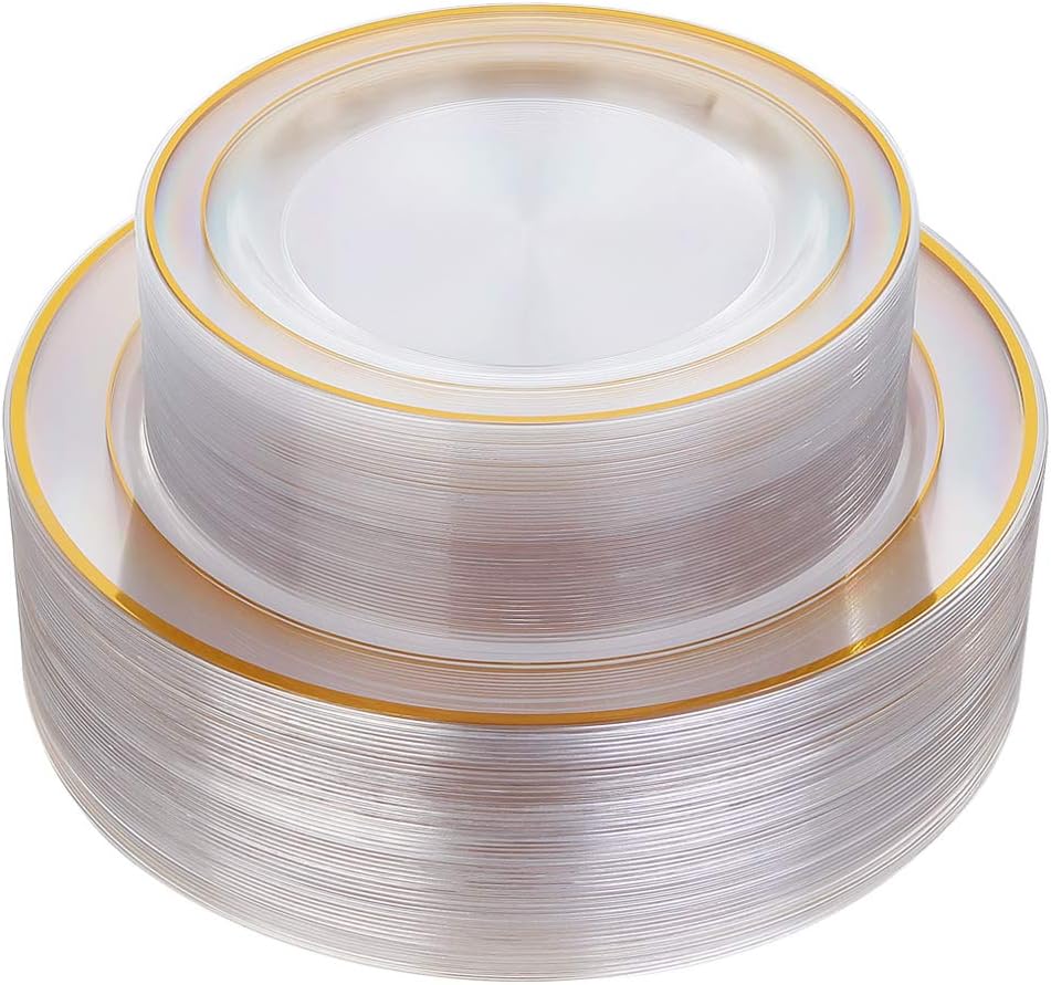 96 Pcs Plastic Gold Plates, Gold Disposable Plates Includes: 48 Dinner Plates 10.25" and 48 Dessert Plates 7.5 ", Premium Clear Plate Prefect for Wedding, Clear gold plates and salad for Party