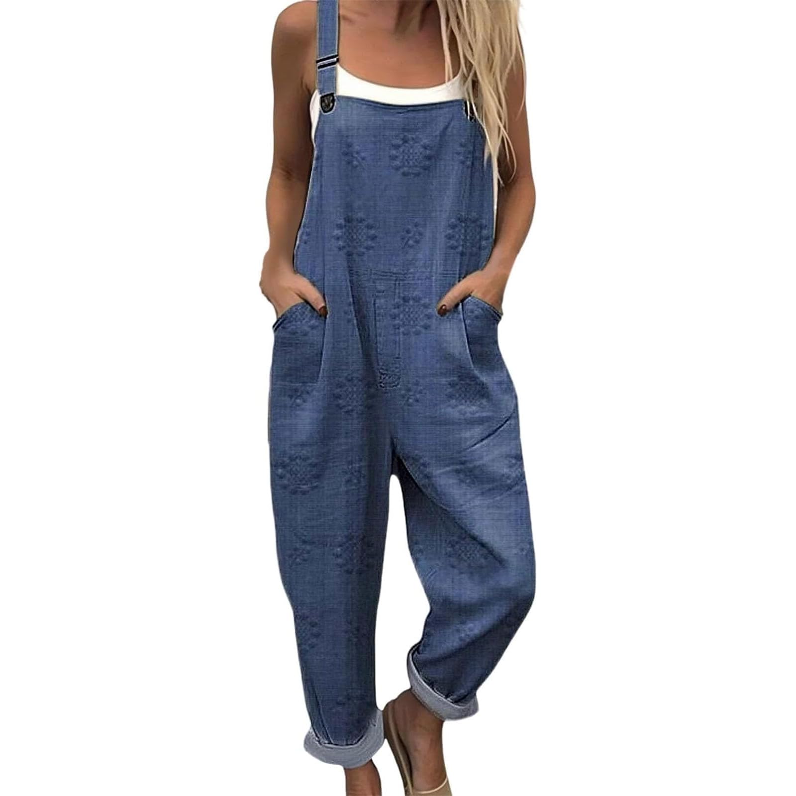 Salopette Femme avec motif flora, Combinaison en lin Ample et Décontracté Femme avec Bretelles Réglables et Poches, Salopette de Travail Ete Fluide chic, Pantalon Imprimé spaghetti Grande Taille
