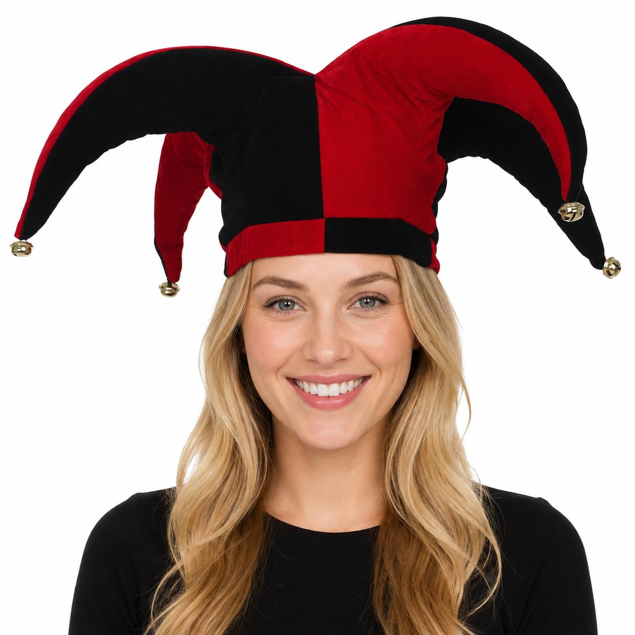 ANDHOM Jester Hat Clown Joker Costume Accessory with Bells for Halloween Christmas Carnival Mardi Gras Cosplay (Red&black)