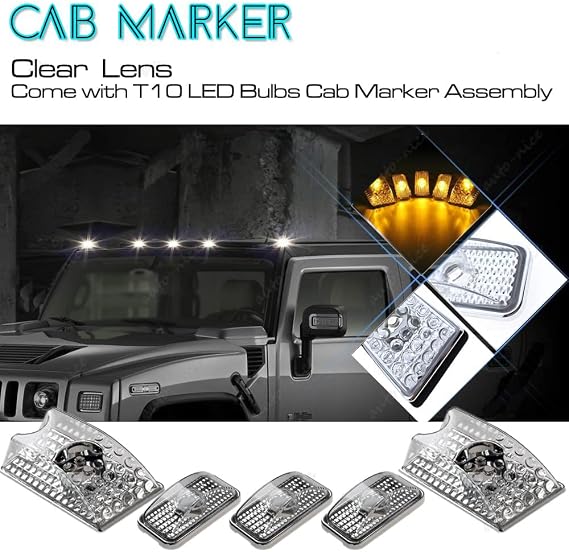 Replacement for Hummer H2 Cab Roof Lights Clear Housing 2003-2009 and Hummer H2 SUT Cab Roof Top Clearance Marker Light Lamps 2005-2009 Front Rear 264160BK w/T10 Amber Bulbs