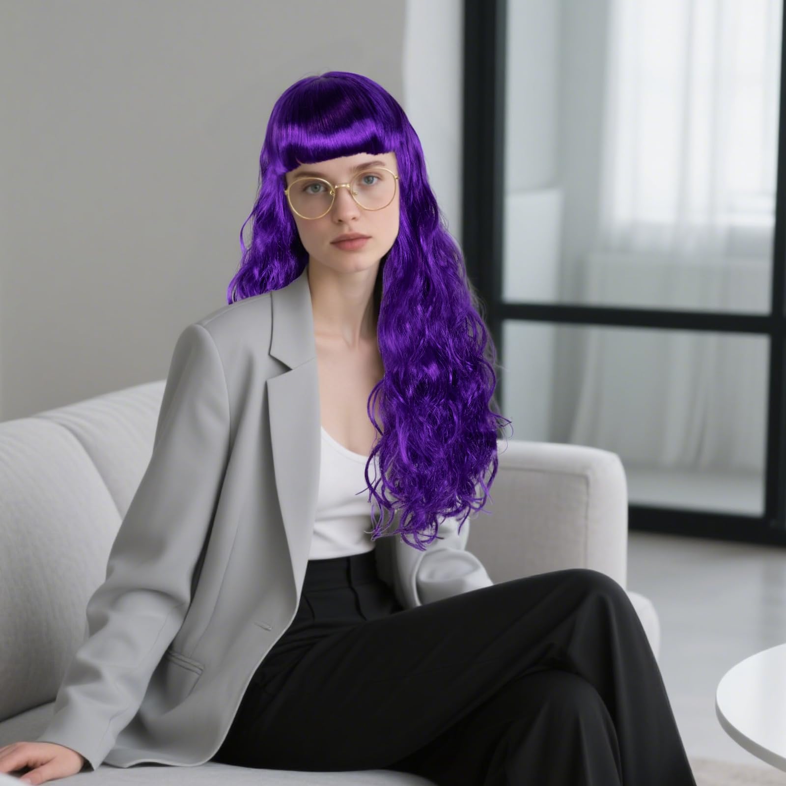 BEKIDER (+Hair Cap) Long Wavy Dark Purple Wig with Bangs Womens Purple Curly Wig Cosplay Synthetic Wigs for Halloween Cosplay Fancy Dress Wigs Daily Party Outfit - Image 3