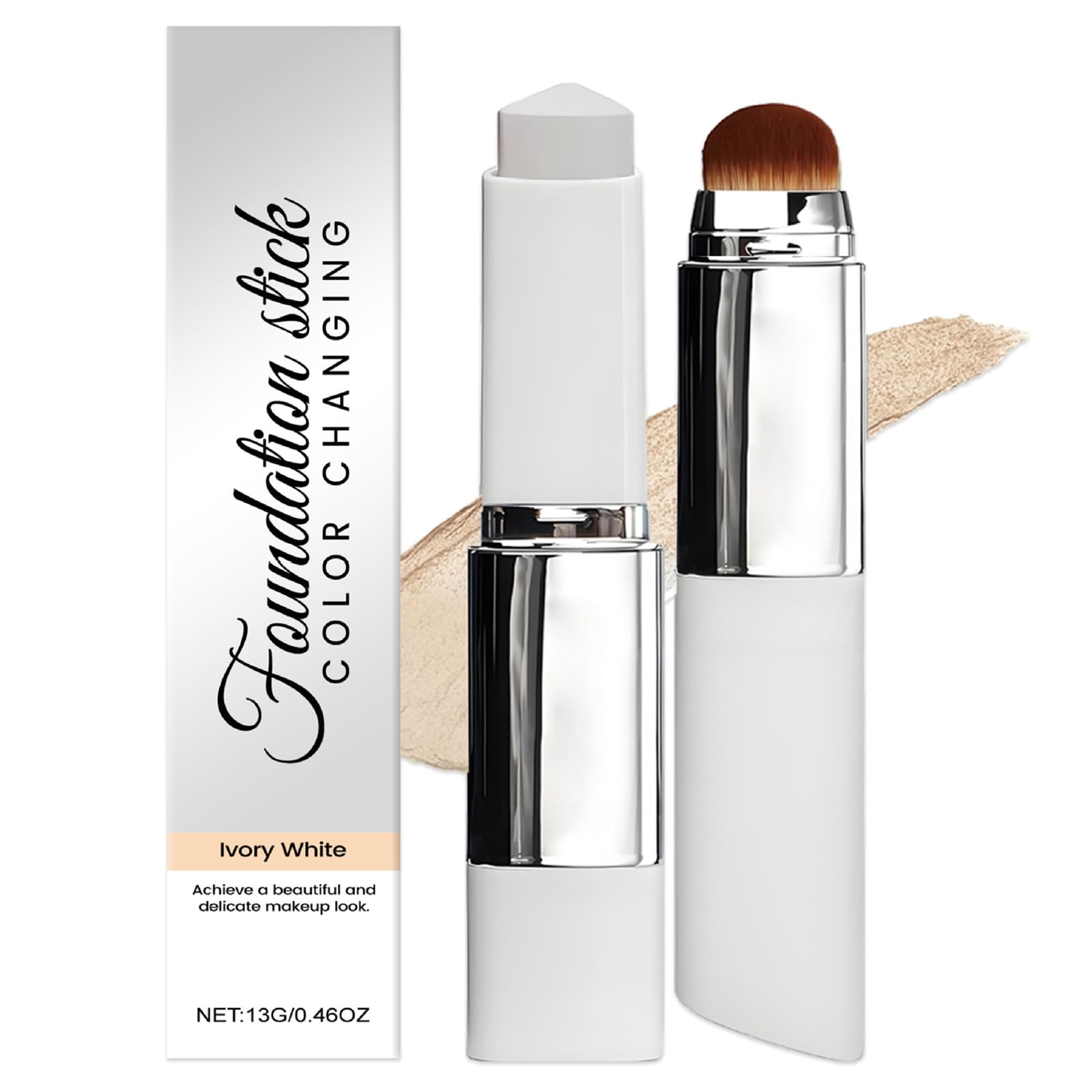 Facelove Foundation-Stick mit Pinsel 2-in-1 für alle Hauttypen Farbwechselndes Make-up Stick mit LSF 15 Langanhaltend für Natürlichen Glow und Schwereloses Gefühl Elfenbeinweiß