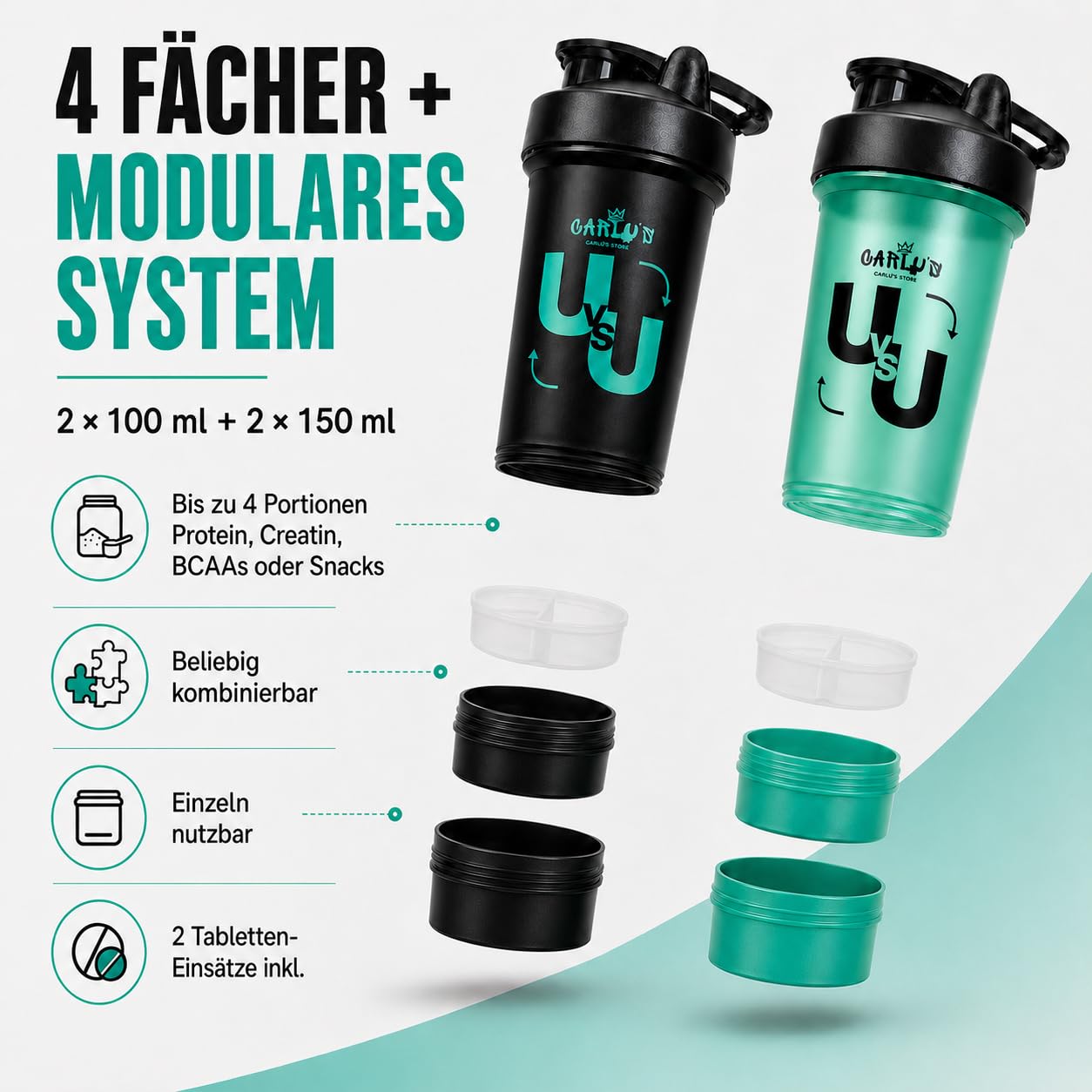 Carlu's Set di 2 shaker per proteine da 500 ml, 4 contenitori per polveri, 2 sfere di miscelazione in acciaio inox e 2 organizer per pillole, senza BPA, a prova di perdite, lavabile in lavastoviglie