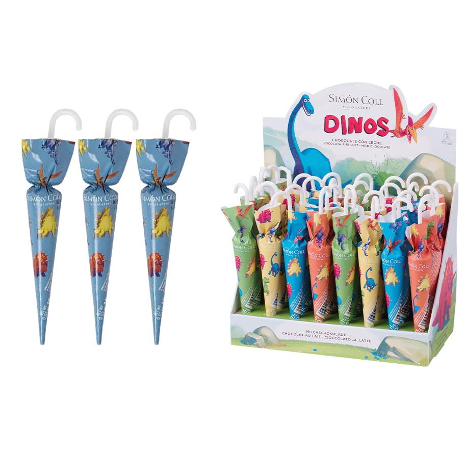 Simón Coll Dinos Milchschokolade Schirmchen Dinosaurier-Thema 15g Display mit bunten Figuren