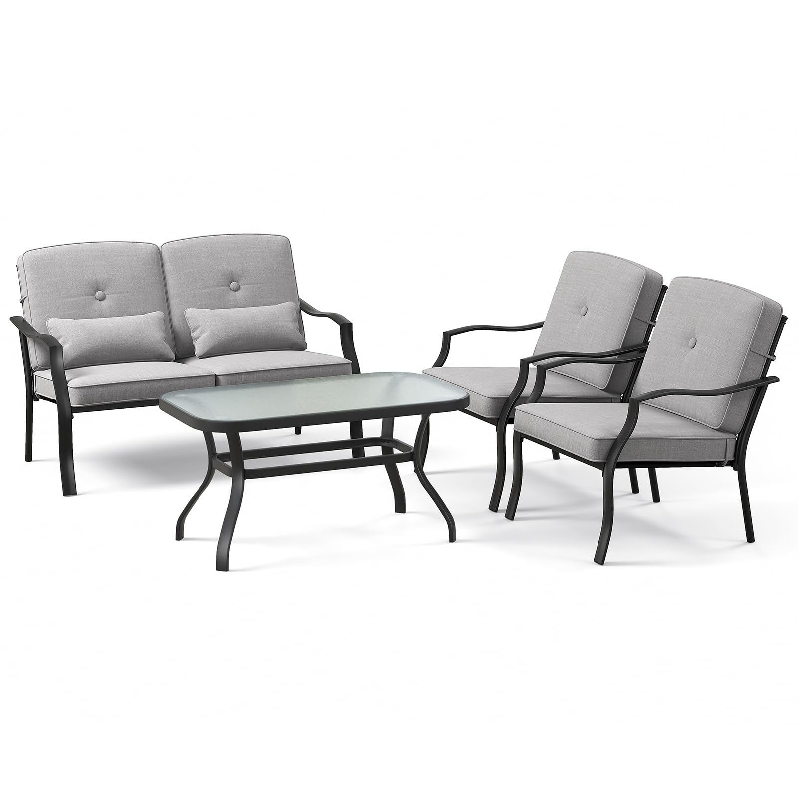 GYMAX Set di Mobili, 1 Tavolino in Vetro Temperato, 2 Poltrone e 1 Divano, Telaio in Metallo, con Cuscino, Aspetto Moderno per Soggiorno, Giardino, Grigio (Grigio)