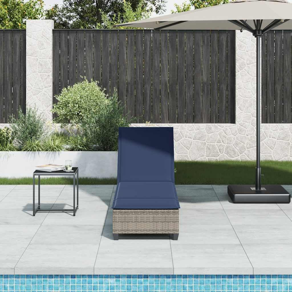 Leżak do opalania z poduszkami, szary, 55 x 200 x 25,5 cm, polirattan, regulowane oparcie, fotel ogrodowy na taras, balkon, leżak relaksacyjny z poduszkami do wellness i odpoczynku