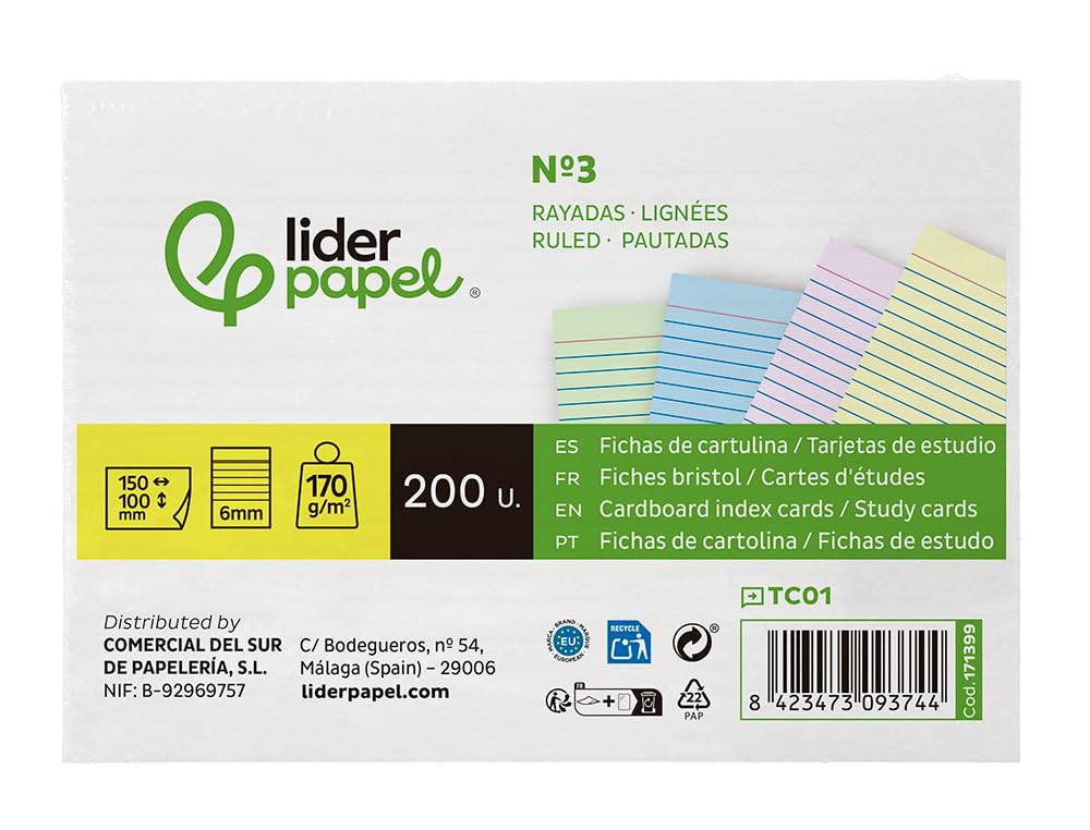 Leaderpapel Card for Studying Ruled Coloured cardstock 170 g/m2 125x200 mm Pack of 200 Units.