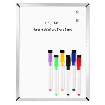 Mini Whiteboard, Framed Dry Erase Board, Double Sided, 11 x 14 Inches, Magnetic Whiteboard with 6 Markers, 2 Magnet pins, 4 Tapes and 1 Stand