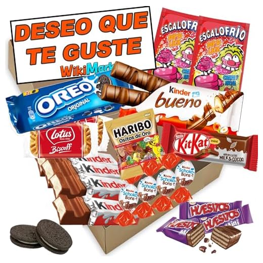 Cajita Regalo Muy Original con 20 Chocolates Kinder Bueno, Galletas Oreo, Kinder Schoko Bons, Ositos Haribo, Twix, Huesitos, Galleta Lotus Biscoff y Mucho Más. Incluye Tarjeta Deseo Que Te Guste.