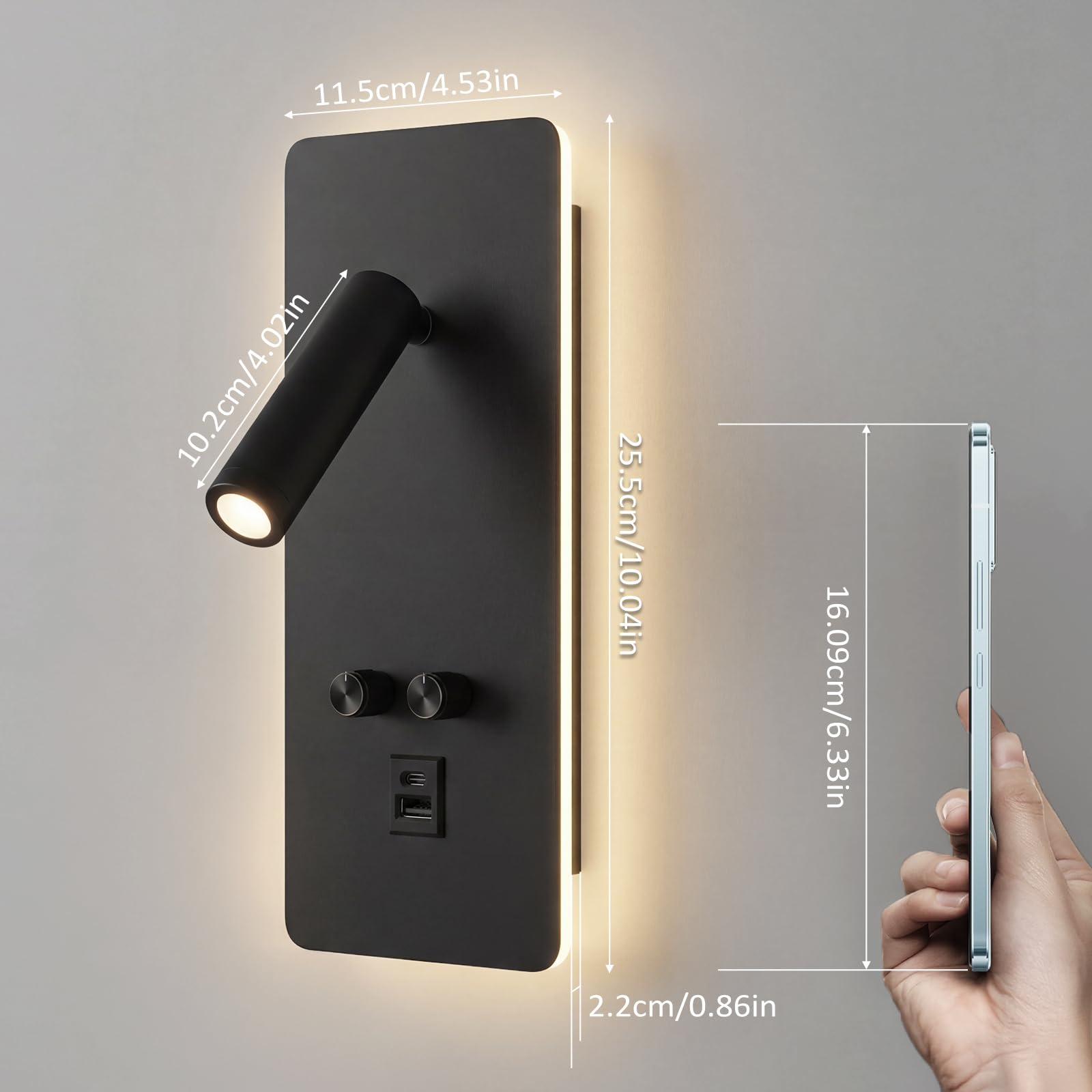 2Pcs Lampada da Lettura, Lampada da Parete a LED con Iinterruttore e ricarica USB, lampada da lettura a parete 3W+9W 3000K, Applique da Lettura Regolabile, 350 ° Letto Rotante Luce di Lettura(A)