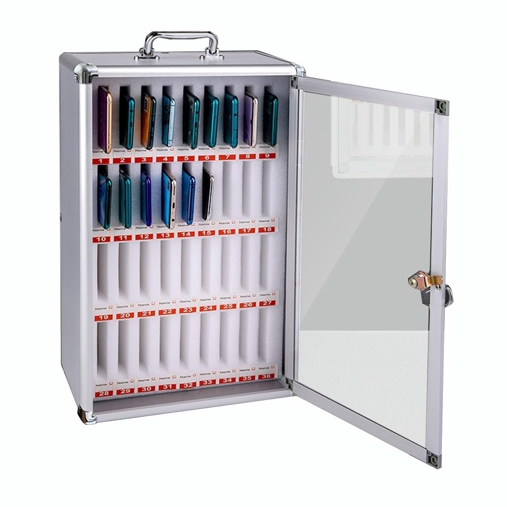 Scatola porta cellulare portatile - Organizer in lega di alluminio con 60 scomparti, chiusura a chiave, maniglia e chiave, ideale per scuola, aula, ufficio ed esami - Soluzione sicura per la conserv
