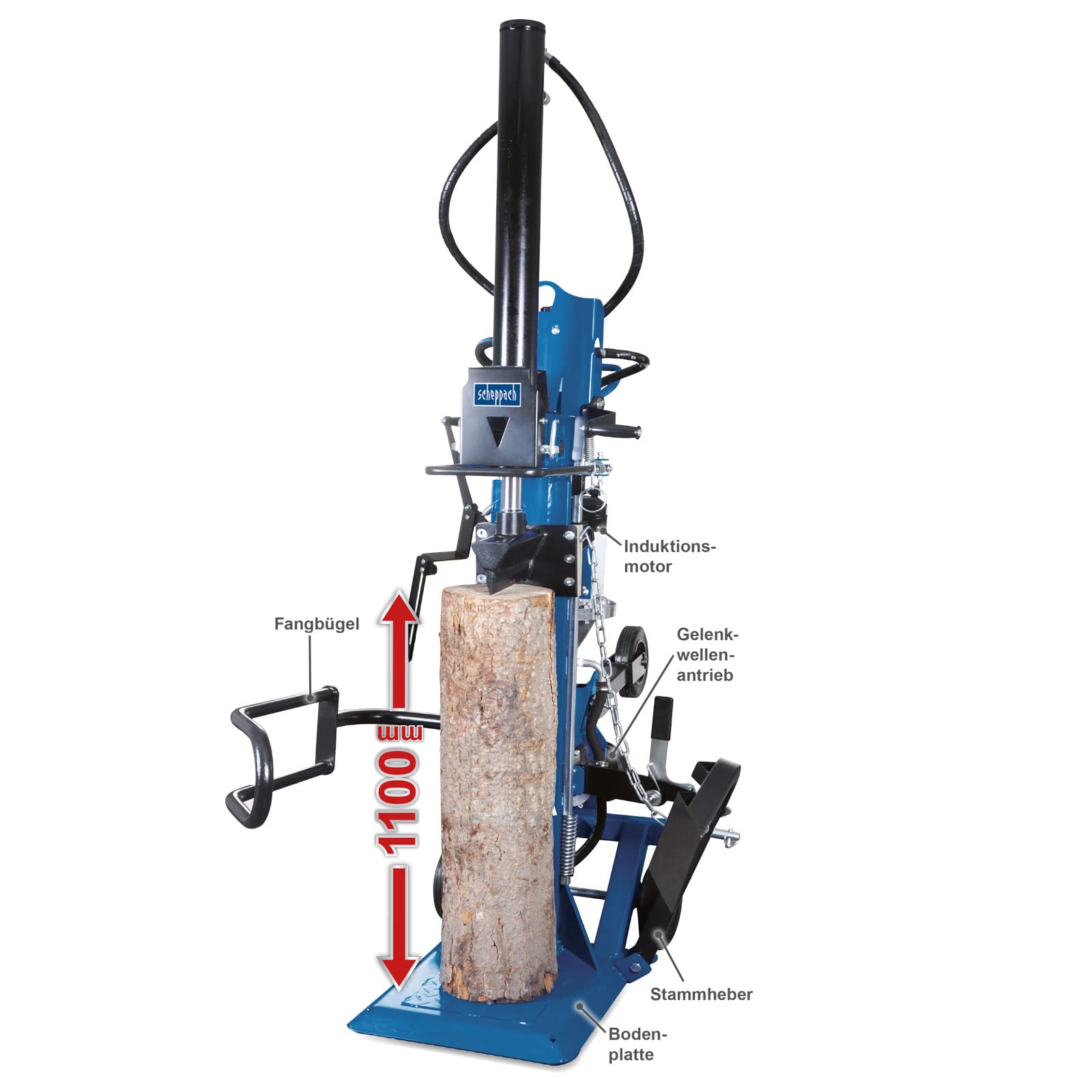 Scheppach Holzspalter stehend HL2550GM mit Zapfwellenantrieb & 400V Motor | 25t | 5100W | max. Holzlänge 1100mm | Holz-Ø 350mm | Meterholzspalter | Hydraulikspalter mit Fahrvorrrichtung & Stammheber