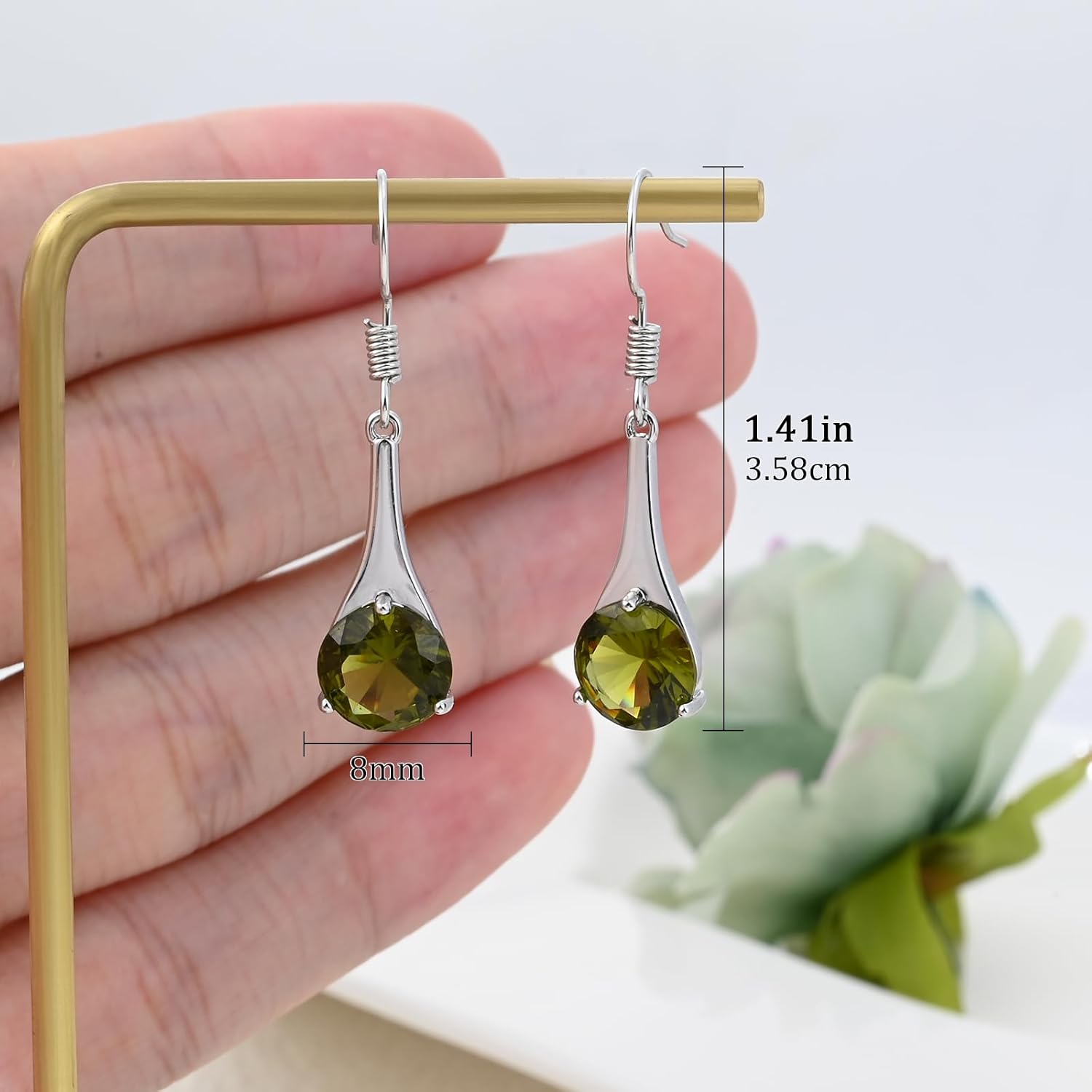 Silver Peridot Teardrop Earrings for Women - Elegant Drop Design with Round Olive Green Gemstone, Birthstone Dangle Earrings for Party & Daily Wear - Image 5