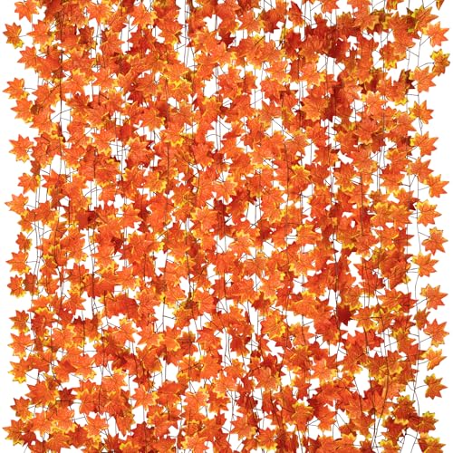 CQURE 20 Pack Fall Leaf Garland, Hanging Vines Artificial Fall Maple Leaves Thanksgiving Decor for Home Wedding Fireplace Party